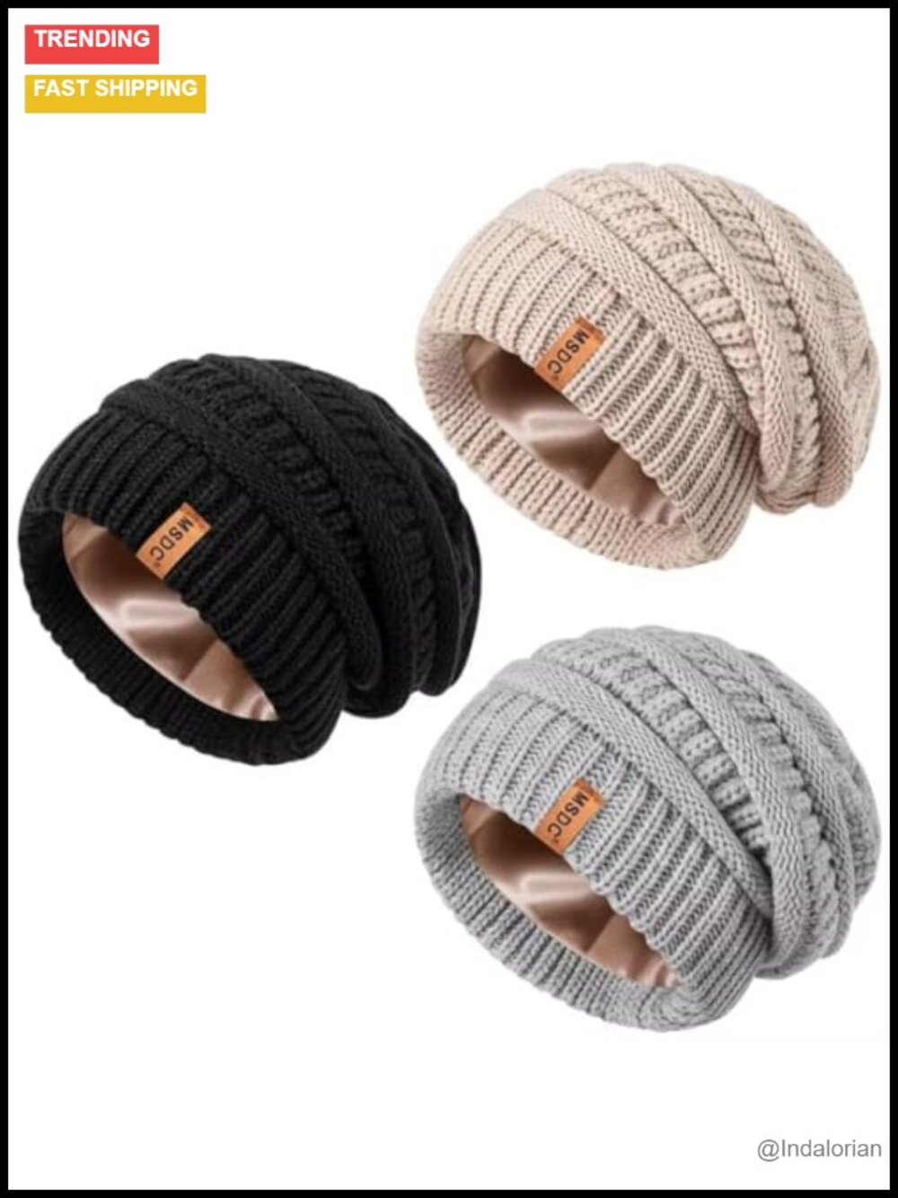 3 Pack Satin Lined Beanie Women Warm Slouchy Winter Hats Silk Lined